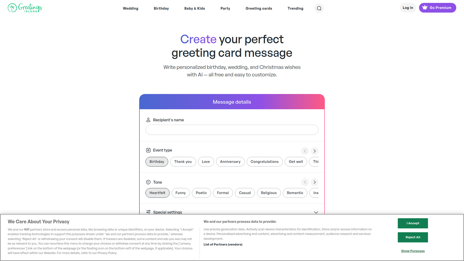 AI greeting card wishes generator screenshot
